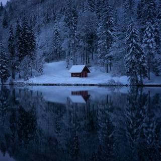 Winter lake cabin wallpaper