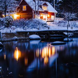 Winter lake cabin wallpaper