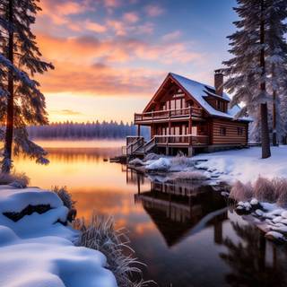 Winter lake cabin wallpaper