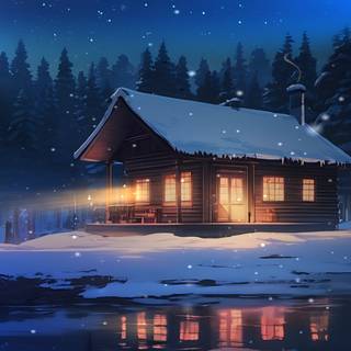 Winter night cabin wallpaper