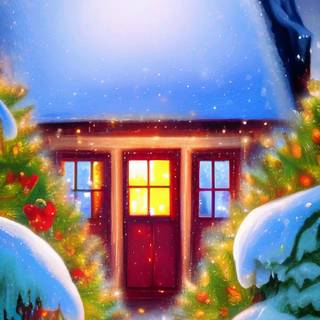 Winter night cabin wallpaper