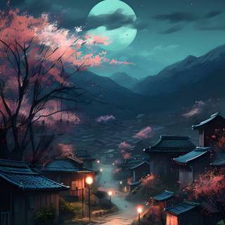 Japanese village night iPhone wallpaper