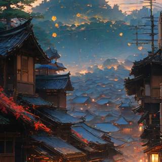 Japanese village night iPhone wallpaper
