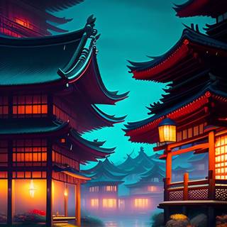 Japanese village night iPhone wallpaper