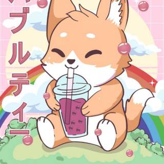 Dog holding boba tea wallpaper