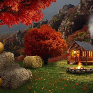 Autumn cabin wallpaper