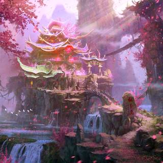 Fantasy autumn temple wallpaper