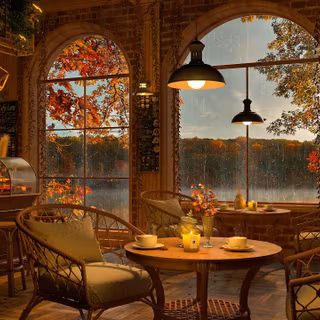 Desktop autumn rain cafe wallpaper