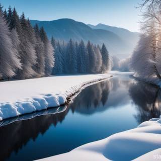 Snowy winter river wallpaper
