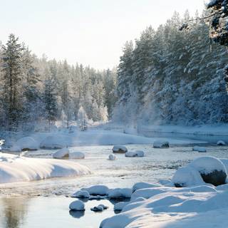 Snowy winter river wallpaper