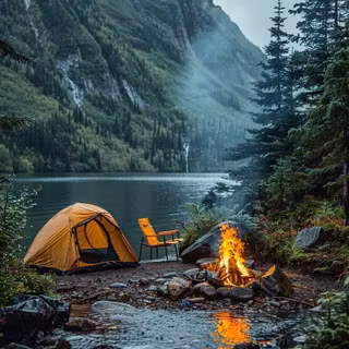 Mountain lake camping wallpaper