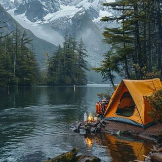 Mountain lake camping wallpaper