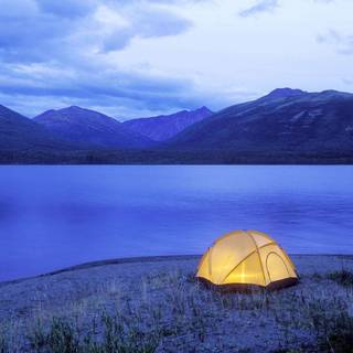 Mountain lake camping wallpaper