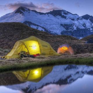 Mountain lake camping wallpaper