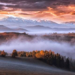 Foggy mountain autumn wallpaper