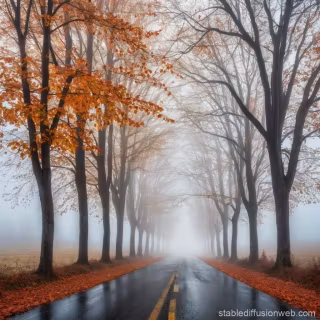 Foggy autumn road wallpaper