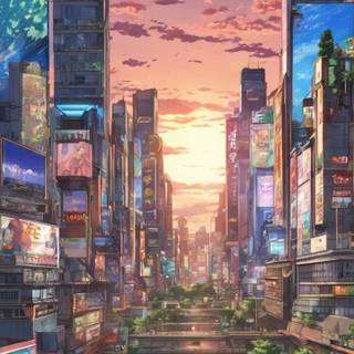 Anime cityscape phone wallpaper