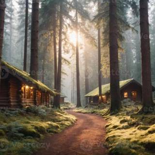 Forest village wallpaper