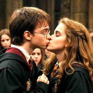 Hermione and Harry Potter kissing wallpaper