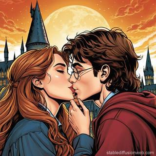Hermione and Harry Potter kissing wallpaper