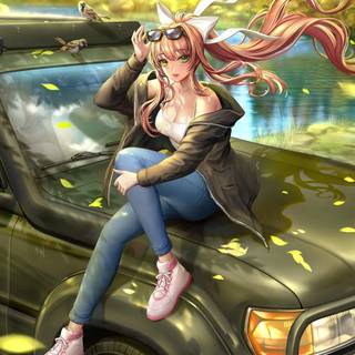 Anime girl and car wallpaper