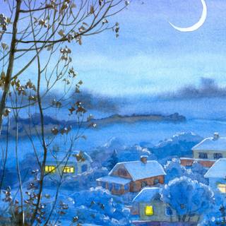 Moonlit winter village wallpaper