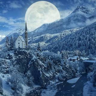 Moonlit winter village wallpaper