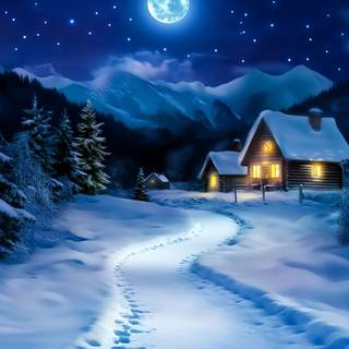 Moonlit winter village wallpaper