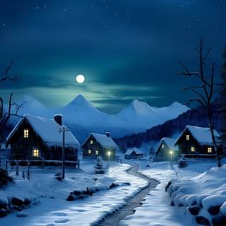 Moonlit winter village wallpaper