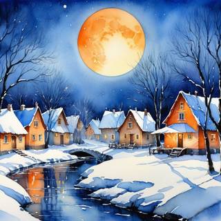 Moonlit winter village wallpaper