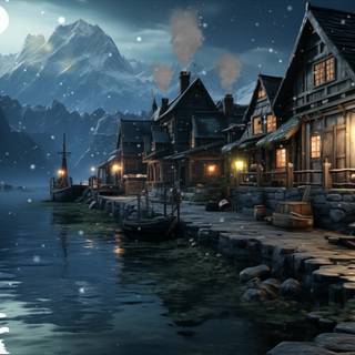Moonlit winter village wallpaper