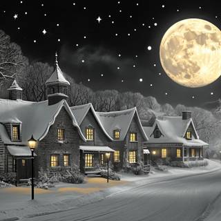 Moonlit winter village wallpaper