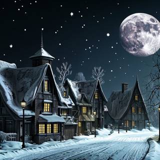 Moonlit winter village wallpaper