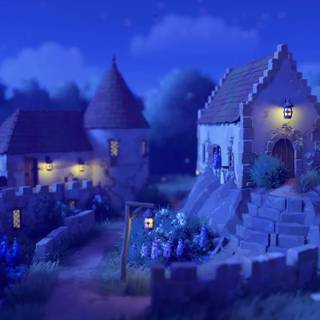 Moonlit winter village wallpaper