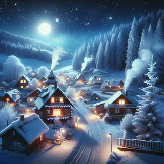 Moonlit winter village wallpaper
