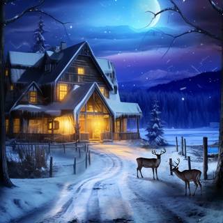 Moonlit winter village wallpaper