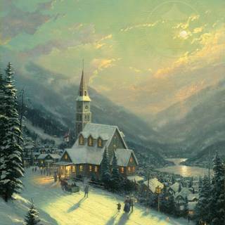 Moonlit winter village wallpaper