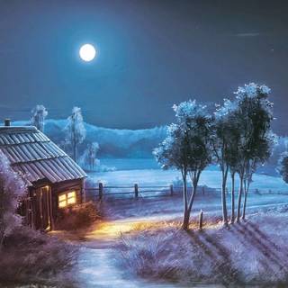 Moonlit winter village wallpaper