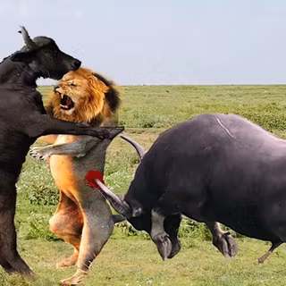 Buffalo and a lion fighting wallpaper
