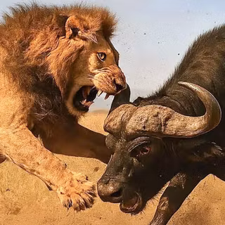 Buffalo and a lion fighting wallpaper