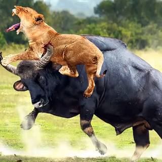 Buffalo and a lion fighting wallpaper