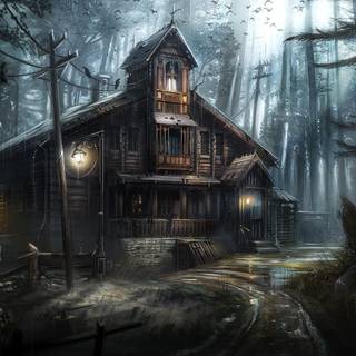 Forest hut wallpaper