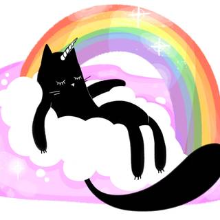 Kitty sleeping under rainbow wallpaper