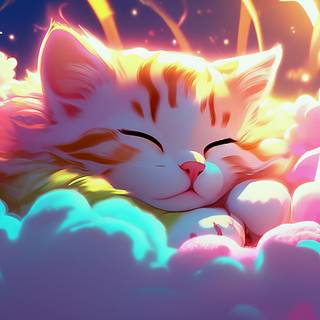 Kitty sleeping under rainbow wallpaper