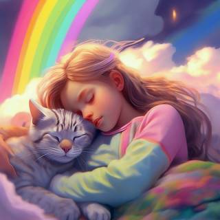 Kitty sleeping under rainbow wallpaper