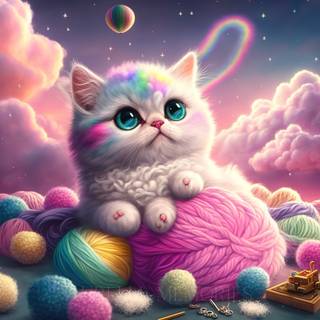 Kitty sleeping under rainbow wallpaper