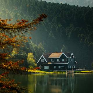 Autumn cabin lake wallpaper