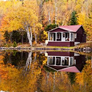 Autumn cabin lake wallpaper