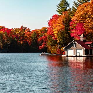 Autumn cabin lake wallpaper