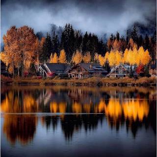 Autumn cabin lake wallpaper